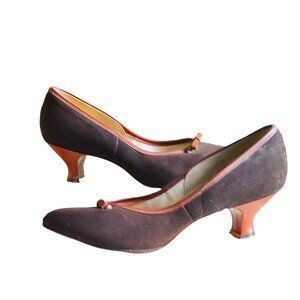1950s Vintage Brown Real Suede Kitten Heel Shoes With Pointy Toes 8 1/2